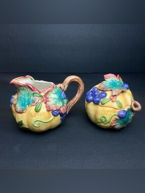 Fitz & Floyd Harvest Banquet Autumn Ceramic Pumpkin Cream & Sugar Set 1993